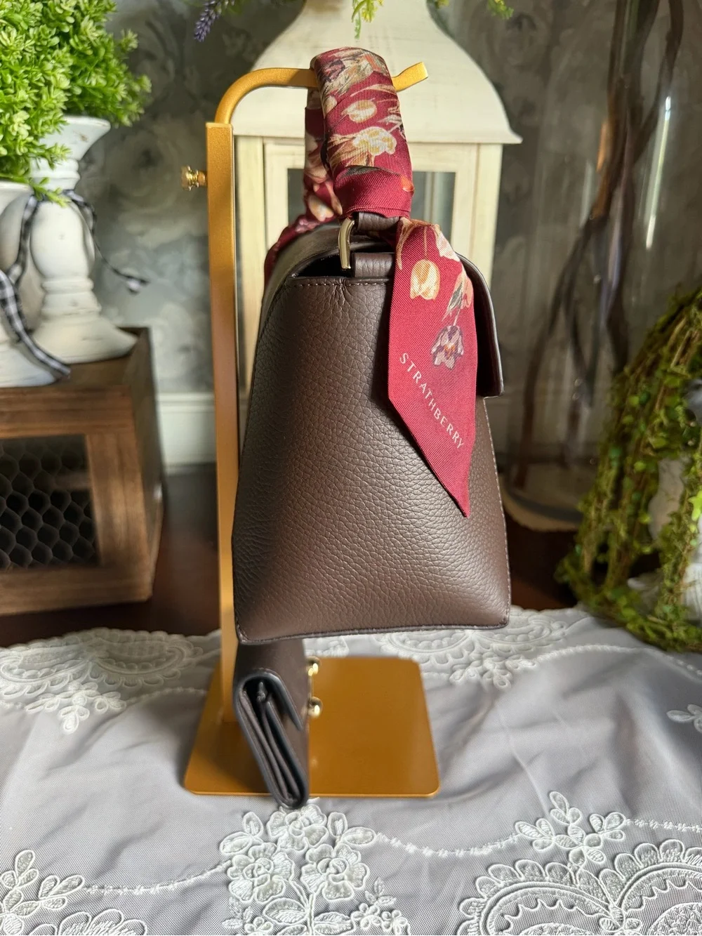 NWOT Strathberry Mosaic Leather Top Handle Bag Purse & Wallet Set-Dkchoclt